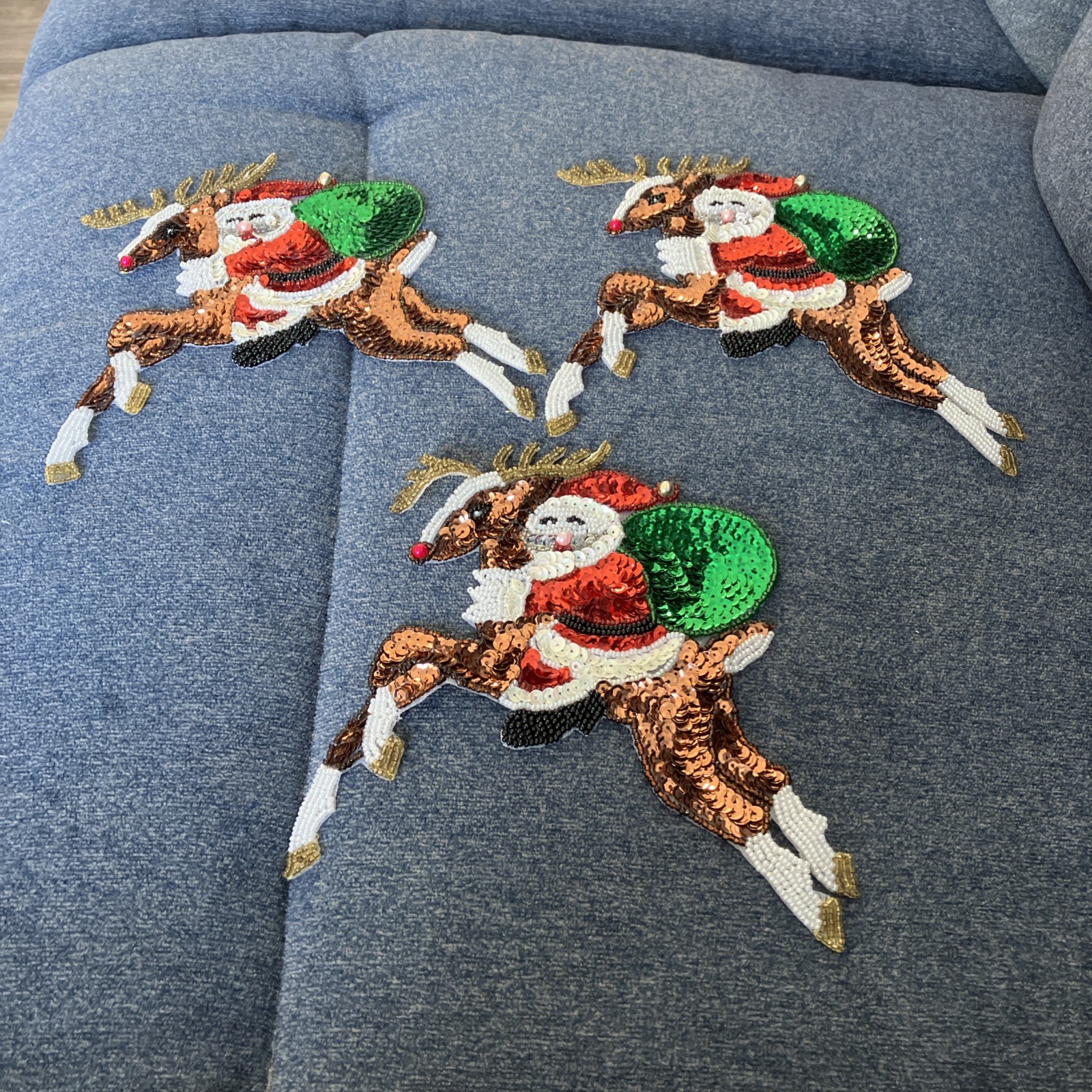 Santa Riding A Reindeer Applique 7” Wide Sequins & Beads Santa DIY Sewing New