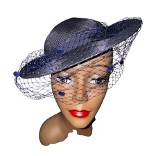 Georgi Vintage Navy Blue Straw Hat Birdcage Veil Floral Accent Red Band US Made