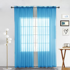Basic Rod Pocket Sheer Voile Window Curtain Panels Cyan Blue 1 Pair 2 Panels 52