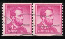 US. 1058. 4c. Abraham Lincoln. Coil Pair. Small Holes. Used. 1958