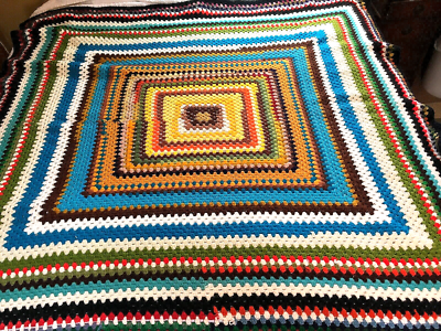 Vintage Crocheted Granny Square Blanket Throw Dense Yarn Giant