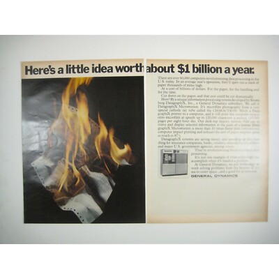 1969 General Dynamics DatagraphiX Printer System ADVERT Vintage Print Ad 2 Page