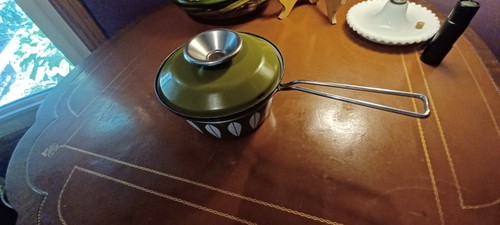 VINTAGE CATHERINE HOLM COVERED ENAMEL POT OLIVE GREEN AND WHITE MADE IN NORWAY - Picture 2 of 12