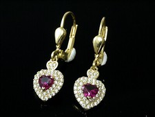 585 Gold Ohrringe mit  Rubin Herzen und Zirkonia  25 mm Länge  1 Paar mit Brisur