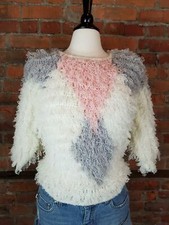 VTG Women's Hand Crocheted Sweater Fringe White Pink Black Geometric Print Sz M