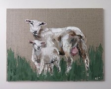 Original Oil Painting Sheep Baby Lamb Farm Animals Wall Art on Linen Framed