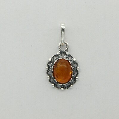 Brown / Cognac BALTIC AMBER Oval Pendant 925 STERLING SILVER - Poland #134