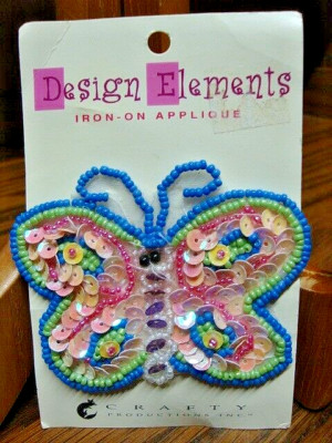 BUTTERFLY Iron-On Applique Pink+ Blue Design Elements Sequins Beads Patch     47