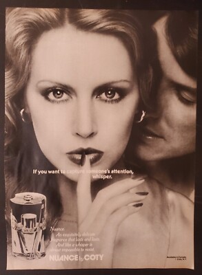 PRINT AD, 1979 Nuance By Coty Fragrance Vintage Beautiful Woman Man Whisper Eyes