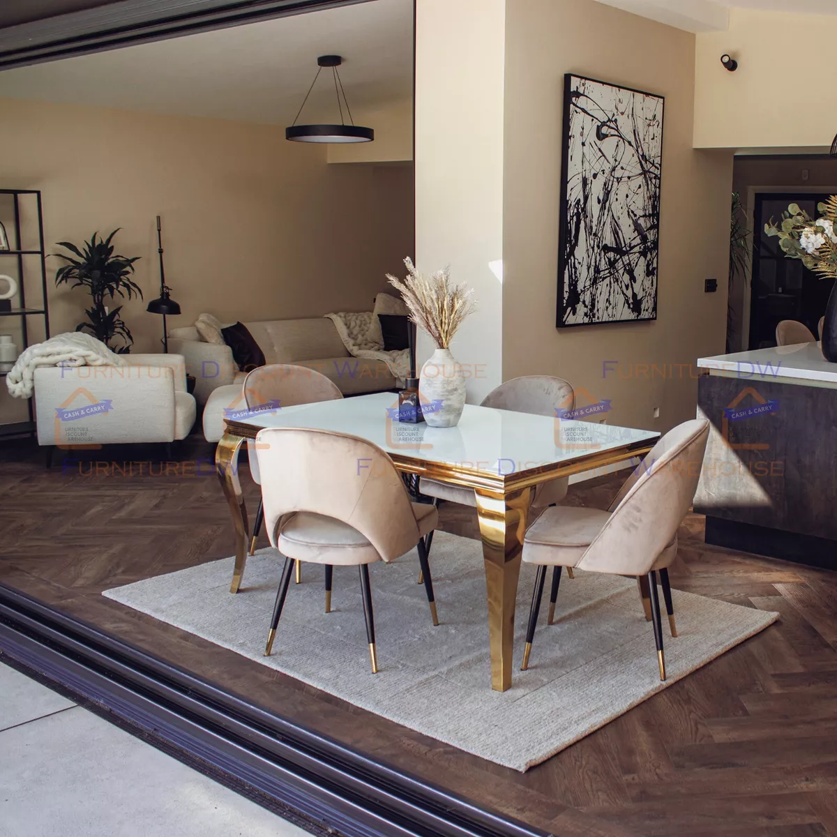 FurnitureDW Gold 1.4m Dining Table White Glass Top and 4 Chairs