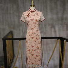 Pink Flowers Cheongsam Spring Summer Lady Sweet Slim Dress Clubwear Gown
