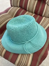 Vintage Bloomingdales 100% Paper Straw  Hat Sun Beach Aqua Blue One Sz NWOT