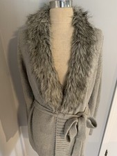 Vintage 90s Y2K Silver Grey Cardigan Jacket Faux Fur Collar Boho Glam Coquette