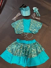 Girls dance Jazz Tap costume Small Child Aqua sequins JACKET HAT & SKIRT