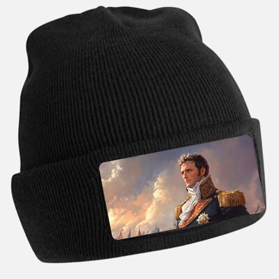 Black Beanie Hat with Cool Napoleon Motif - Unisex Cap, Cotton