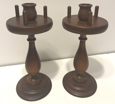 Vintage Pair Turned Wood Candle Holders Sticks Hurricane Lamp Holders Brown 10 