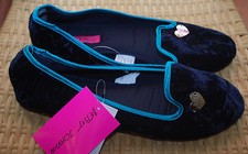 Betsey Johnson Slippers XL 11/12 Faux Fur Velvet Silver Heart NWT 34 Black Green