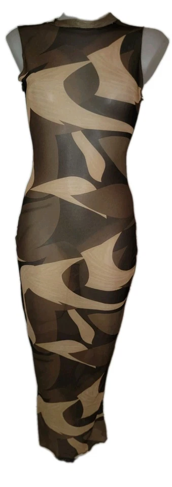 Vestido de encubrimiento ceñido al cuerpo transparente de malla geométrica marrón talla S de colección mate para mujer Foto 2 de 4