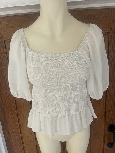 Top Blouse Shirred Puff Sleeves Off White Size 12 New Look - Picture 4 of 10