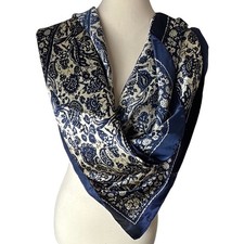 Navy Blue Cream Floral Bird Paisley Square Scarf Silky Neckerchief 35x35
