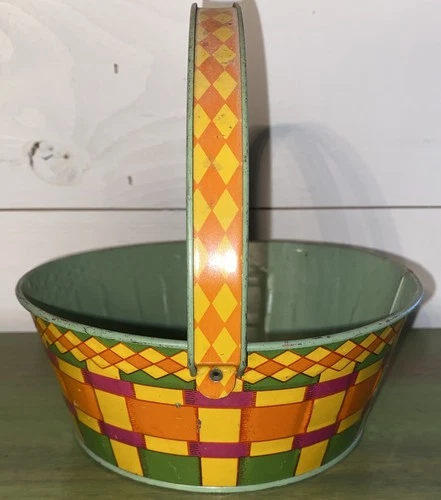 VINTAGE 1950s J. CHEIN & CO Tin EASTER BASKET Green HANDLE WEAVE Pink Orange