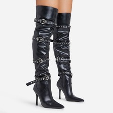 MULTI BUCKLE STRAP DETAIL POINTED TOE STILETTO HEEL OVER THE KNEE THIGH HIGH