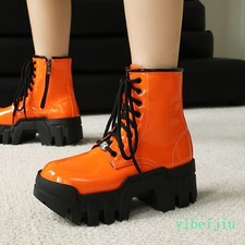 Women's Platform Mid Block Heels Lace Up Knight Ankle Boots Shiny Leather Shoes