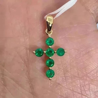 Lab-Created Green Emerald 2.00Ct Round Cut Cross Pendant 14K Yellow Gold Plated
