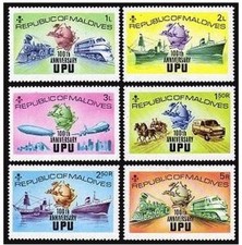 Maldives 496-501, 502, MNH. UPU-100, 1974. Ship, Zeppelin, Jet, Coach, Truck.