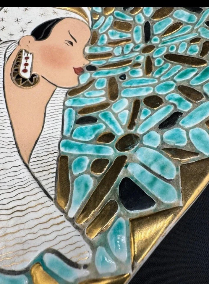 Decoración colgante de pared cerámica arte perfil mujer turquesa mediados de siglo Art Deco Foto 2 de 4