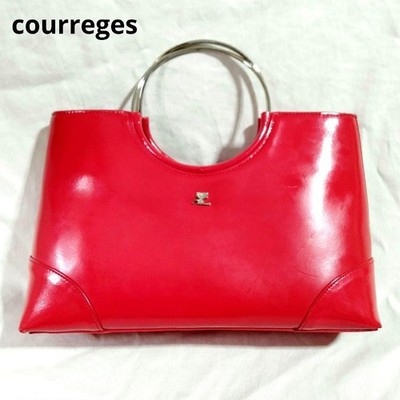 Vintage Courreges Red Enamel Leather Handbag 12.2 inch Tote Bag from JPN
