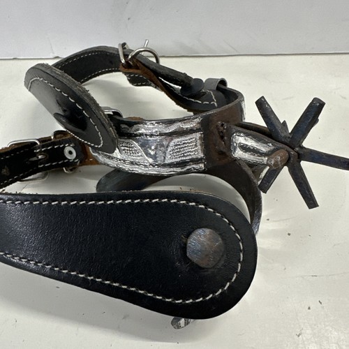 Hand Made Set of Ornate Western Spurs Custom Iron & Chrome Overlay leathr straps - Picture 2 of 9