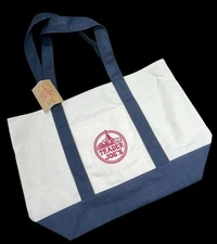 Trader Joes Reusable Canvas Eco Heavy Duty Bag White Blue Straps New With Tags