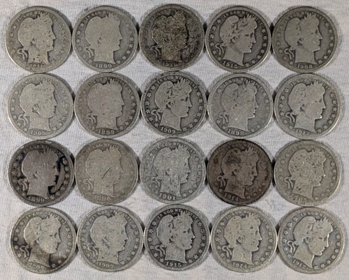 LOT OF 20 BARBER QUARTERS 90% SILVER COINS $5 FACE VALUE #63