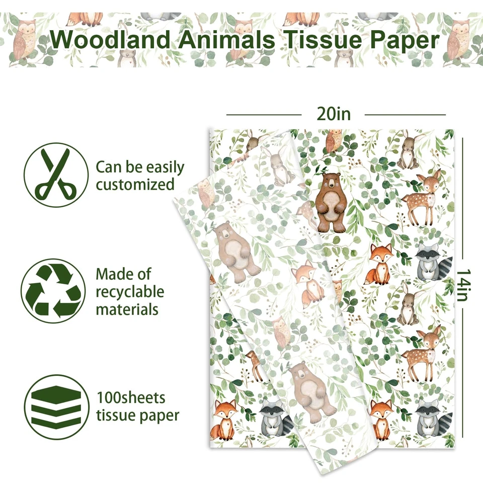 100 Sheets Woodland Animal Tissue Paper Eucalyptus Forest Animal Gift Wrappin... - Image 2 of 4