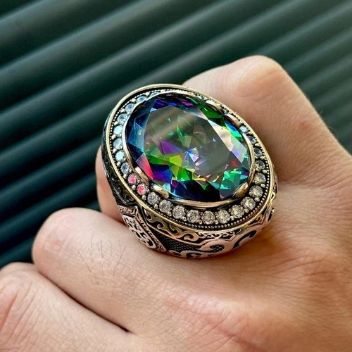 Men Silver Large Mystic Topaz Ring, Rainbow Gemstone Ring