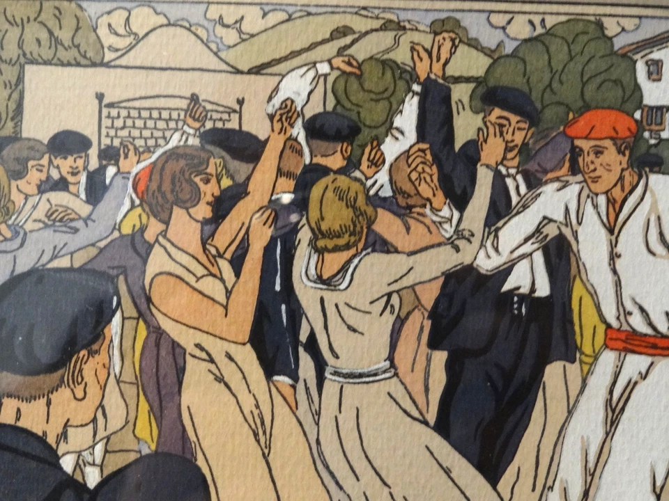 Beau Pochoir en Couleur Signé Pablo TILLAC (1880-1969) Fête de Village Danseurs - Photo 3/4