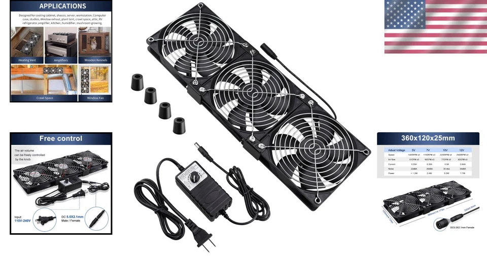Powerful Dual Ball 3x120mm Fan with AC Plug - Variable Speed - Image 2 of 4