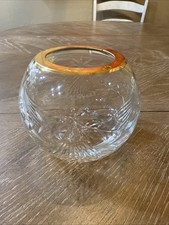 Vintage Crystal Clear Romania Rose Bowl Vase Gold Trim