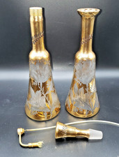2 VTG 12  Bottles Gold Cut to Clear Bohemian Glass Matching Atomizer Decanter