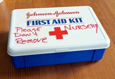 Vintage Johnson & Johnson First Aid Kit Auto Travel Plastic Box Blue Free SHIP