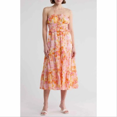   NWT Lush Women s M Peach Orange Floral Shirred Fit Flare Midi Dress Medium