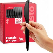 100 Pack Basic Black Plastic Knives, Heavy Duty Disposable Utensils - for
