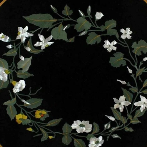 Handmade Black Marble Round Tabletop Floral Artwork with Unique Custom Furniture - Image 2 of 4