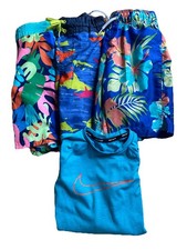 Lot Of 4 Boys Size 8- 3 Swim Trunks 1 Nike Swim Rash guard Tropical