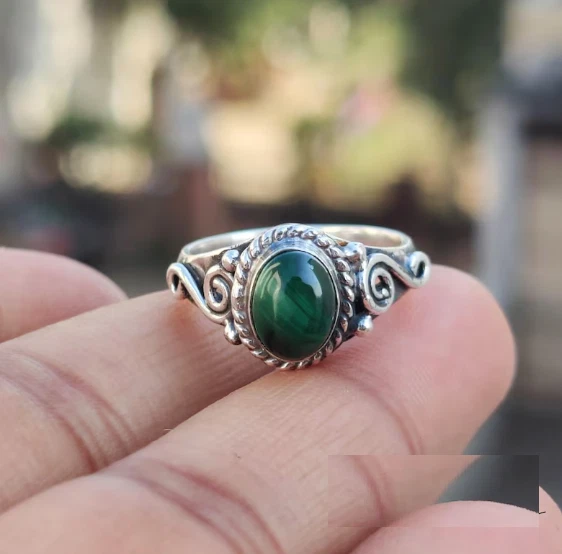 Anillo de piedras preciosas de malaquita - Anillo hecho a mano de plata de ley 925 todos los tamaños R361 Foto 3 de 4