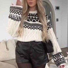 NWT H M Loose-fit Jacquard-knit Sweater Cream White/Black 1257601001 Sizes S, L