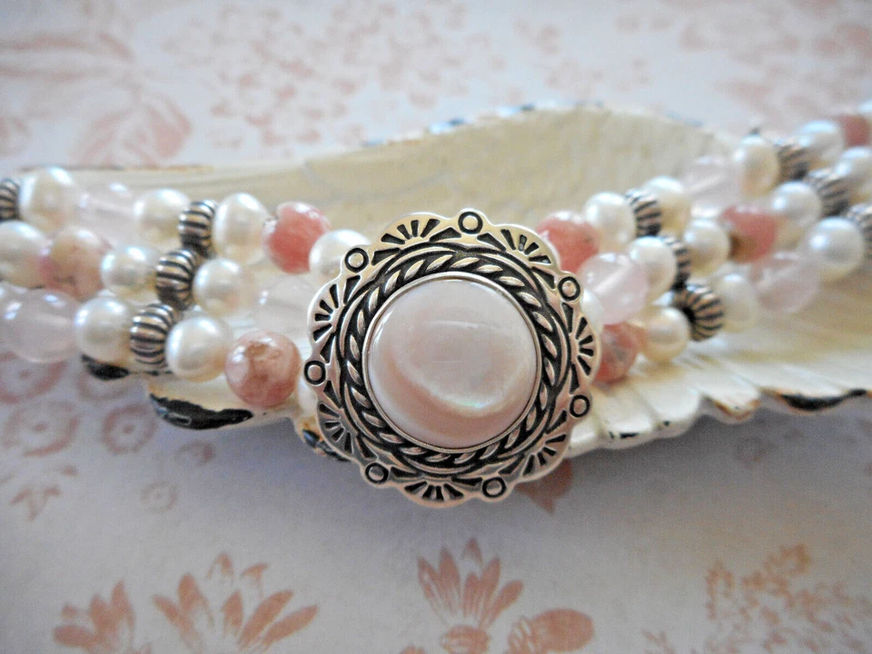 Carolyn Pollack Oxidized Sterling Silver MOP Pink Quartz Bead Bracelet 42CPC - Image 3 of 4
