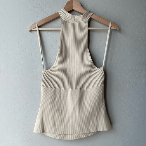 NEW Jonathan Simkhai Top Andrea Ribbed Knit Halterneck Blouse Tan Size L - Picture 7 of 10