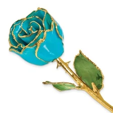 Lacquer Dipped Gold Trimmed March Birthstone Aquamarine Real Rose - FREE SHIP